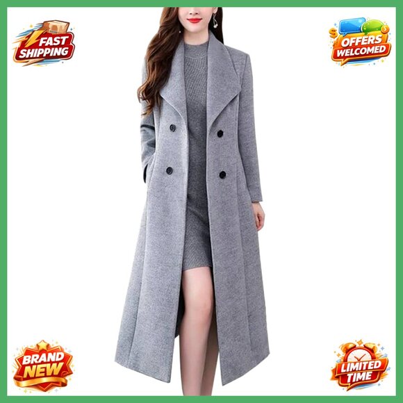Long Wool Trench Coat Shawl Collar Double Breasted Winter Peacoat